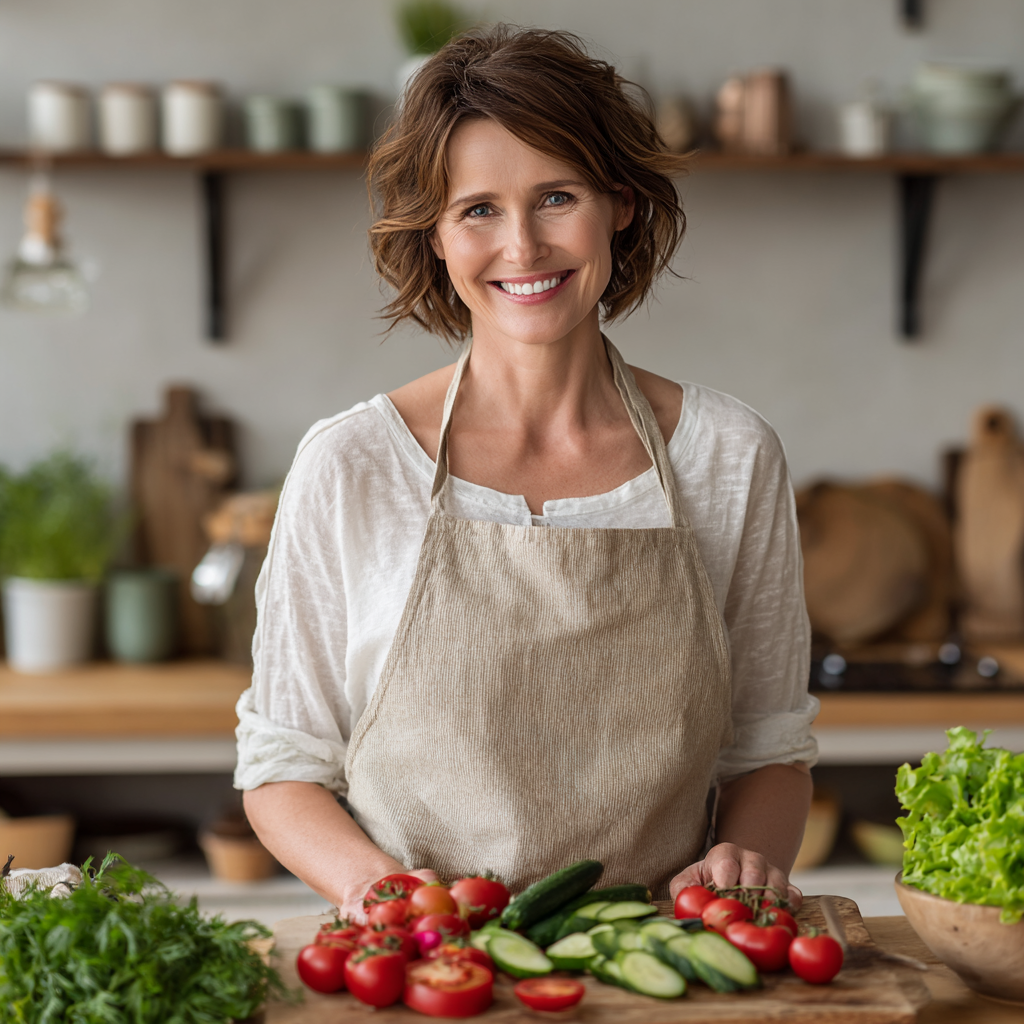 A smiling woman in her late 40s in a bright kitchen preparing fresh salad